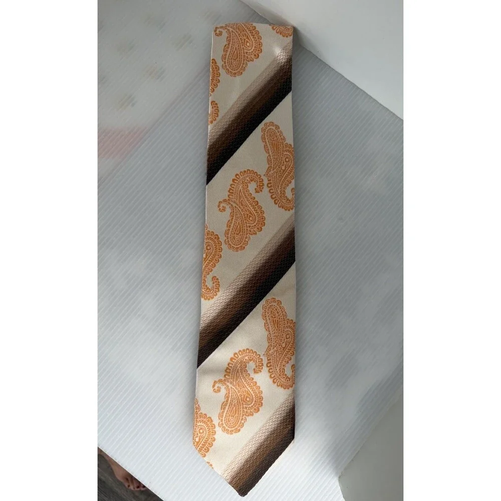 Karl Knox Bold Designer Necktie Orange Paisley Geometric Brown Cream Microfiber